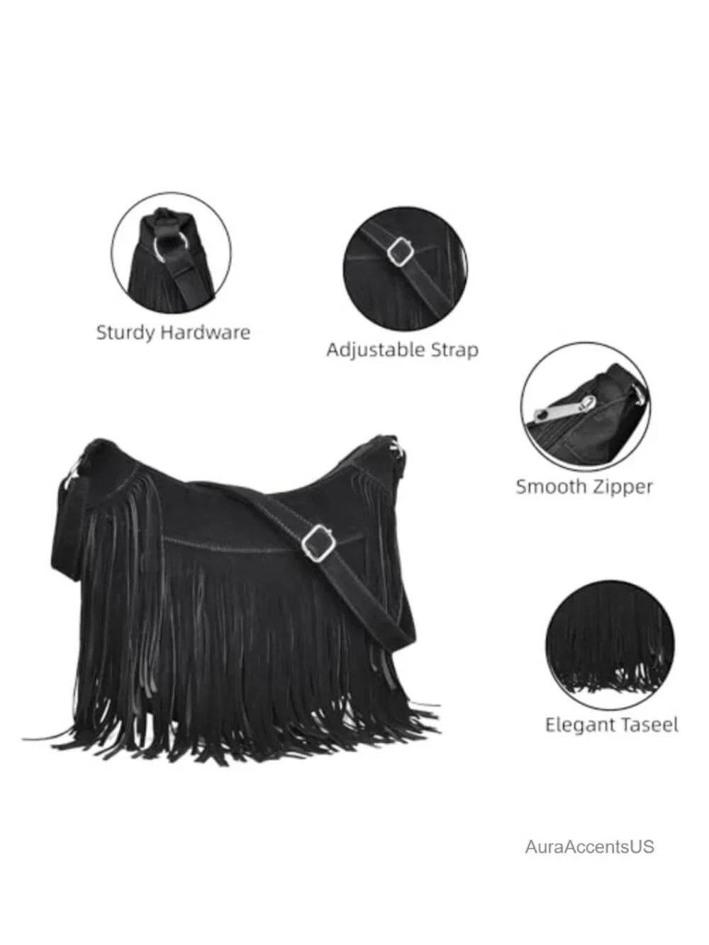 Vegan Suede Fringe Hobo Crossbody Bag
